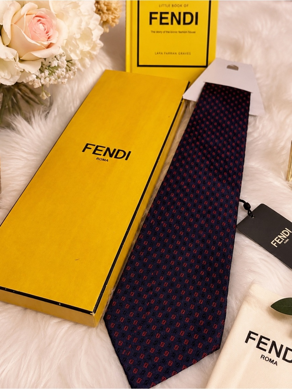 Fendi Roma 100% Silk FF Logo Tie Navy Red Made in Italy